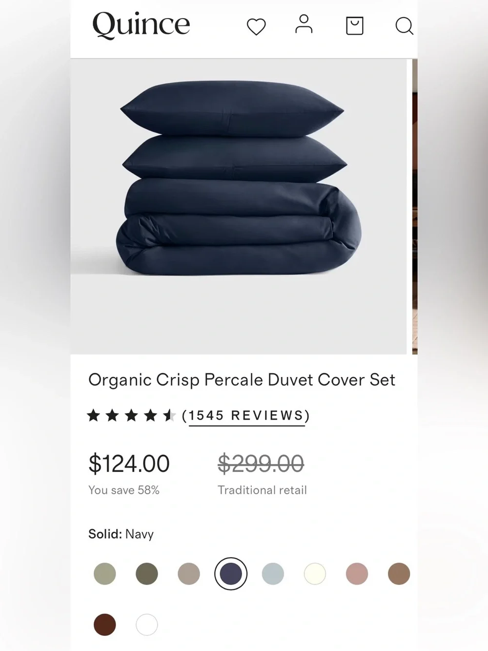 Quince Organic Crisp Percale 3 Piece Duvet Cover Set, King/Cal (Navy)